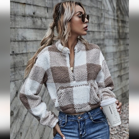 Sweaters - Drop Shoulder Kangaroo Pocket Buffalo Plaid Teddy Pullover